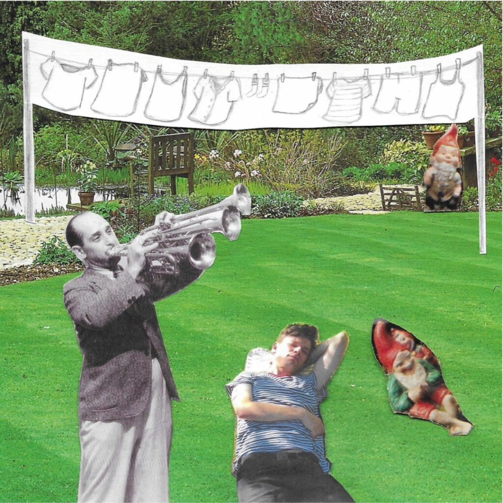 Collage of a hand drawn washing line, males and a garden 