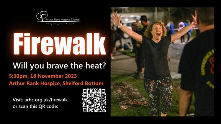 Black poster with white writing and an image of a women walking on embers with her hands in the air