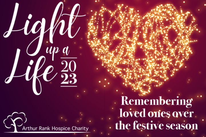 Heart shape image made of orange twinkly lights, italic text saying Light up a Life 2023 in left corner, text saying Remembering loved ones over the festive season in bottom right, Arthur Rank Hospice logo in bottom left.
