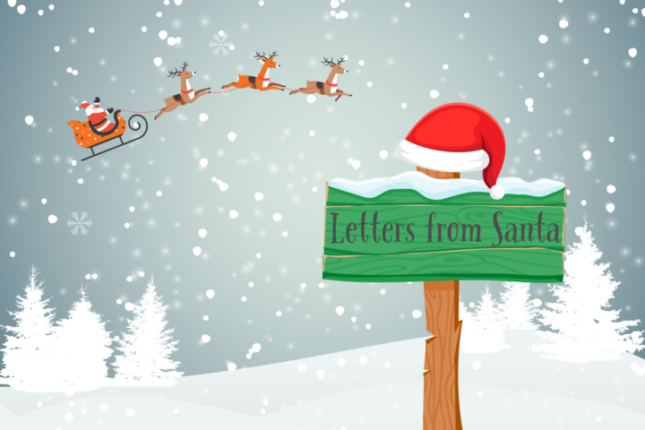 Image of post, santa hat, and snowy background with santa in sleigh