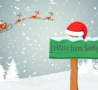 Image of post, santa hat, and snowy background with santa in sleigh