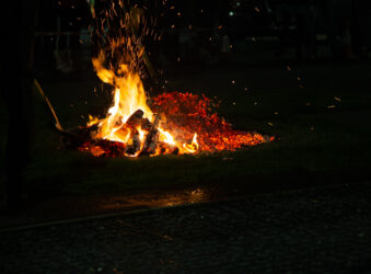 Wood, flames and embers on a ground