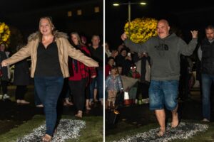 Two photos of smiling individuals who are walking on hot embers