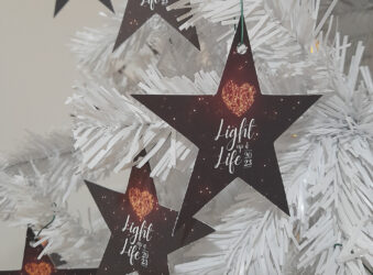 Dark paper stars with words 'Light up a Life' hanging from the branches of white Christmas tree