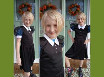 image split in 3 of young boy 11 with blonde hair in a black dress by a green front door