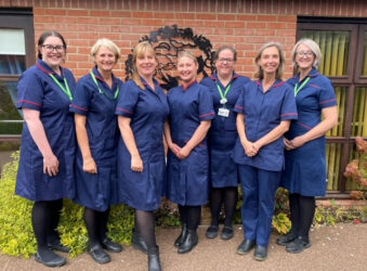 Seven female nurses in blue uniform