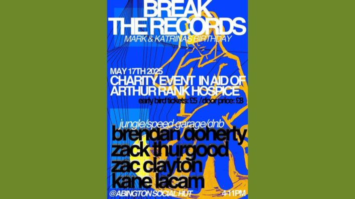 Blue poster with white writing and yellow DJ