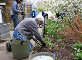 Female gardener kneeling at a garden
