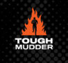 Black background Tough mudder in white orange flame with black silhouette of a runner