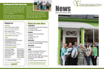 Front and back image of newsletter - people outside a shop holding a balloon