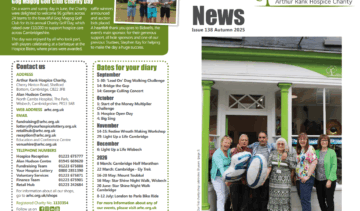 Front and back image of newsletter - people outside a shop holding a balloon