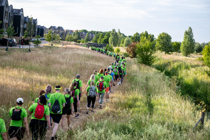 People in green t-shirts walking