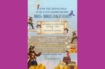 pirate theme poster for Big Breakfast on purple background