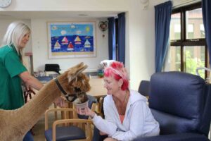 2 females with an Alpaca