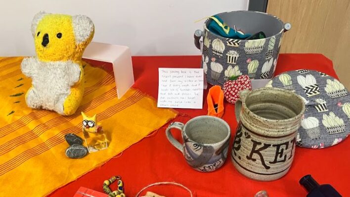 Objects on an orange table cloth